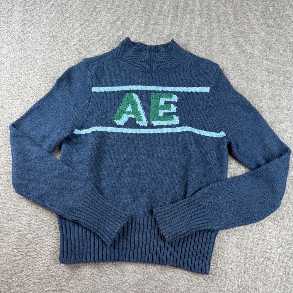 American Eagle Sweater Women's Small Blue AE Logo Mock Neck Ribbed Knit Pullover